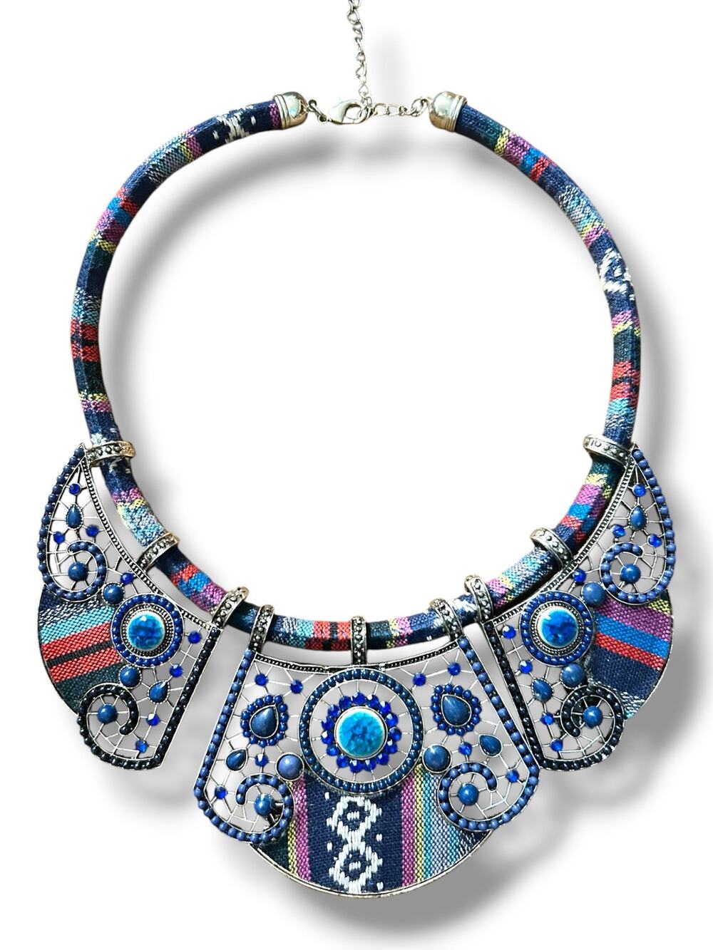 Bohemian Blue Beaded Collar Necklace Tribal Fabric Wrap Statement Bib